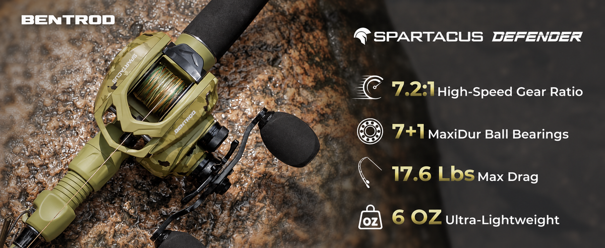 Weighing just 6 oz, the KastKing Spartacus Defender delivers ultra-light handling, 17.6 lb max drag, smooth 7+1 MaxiDur bearings, and precise DualBalance™ magnetic braking with durable aluminum/brass gearing.