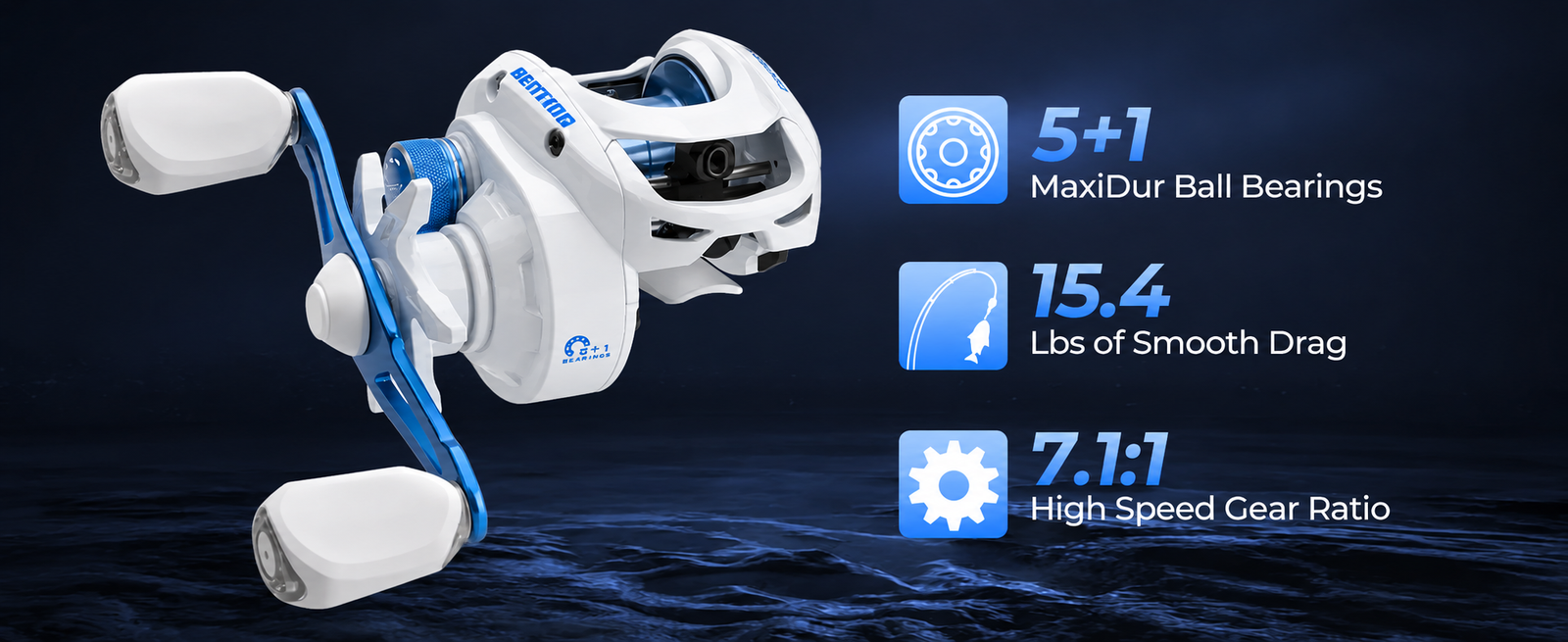 The KastKing Centron Lite features a 7.1:1 high speed gear ratio, 5+1 MaxiDur ball bearings.
