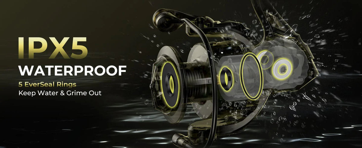 IPX5-rated with five Everseal rings, this reel resists water and debris, featuring a smooth 10+1 bearing system, versatile size options, and a controlled 5.2:1 retrieve.