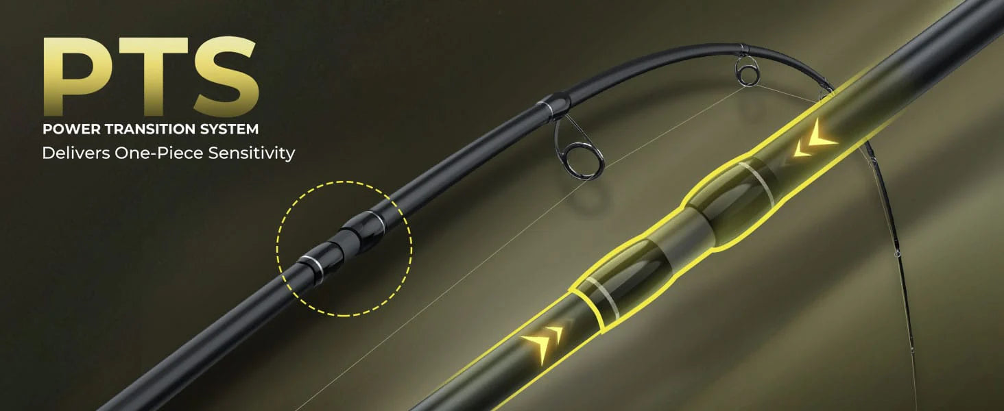 High-modulus IM7 graphite with PTS delivers lightweight, one-piece–like performance and includes a backup tip. Smooth zirconium oxide guides and EVA handles provide longer casts and all-day comfort.