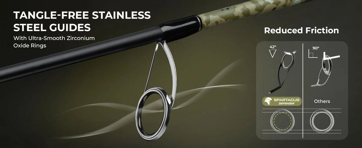 High-modulus IM7 graphite with PTS delivers lightweight, one-piece–like performance and includes a backup tip. Smooth zirconium oxide guides and EVA handles provide longer casts and all-day comfort.