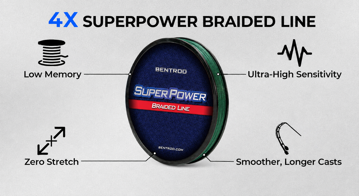 SuperPower 4X braid offers strong knots, smooth casting, and abrasion resistance. Near-zero stretch delivers high sensitivity with low-visibility moss green color.