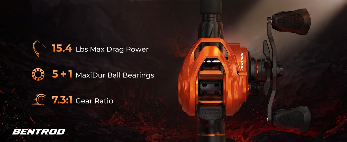 Lethal Blaze Baitcasting Reel features a 7.3:1 gear ratio for quick lure retrieval or working slower baits, 15.4 lbs of max drag power, and 5+1 MaxiDur double-shielded stainless steel ball bearings for smooth performance.