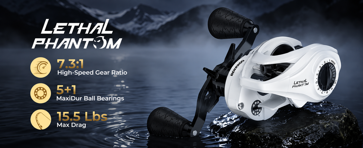 Lightweight 6.9 oz baitcasting reel with a 7.3:1 high-speed gear ratio, 15.5 lbs drag, 5+1 MaxiDur bearings, brass gears, 11-setting magnetic braking, and built-in line indicator for smooth, controlled performance.