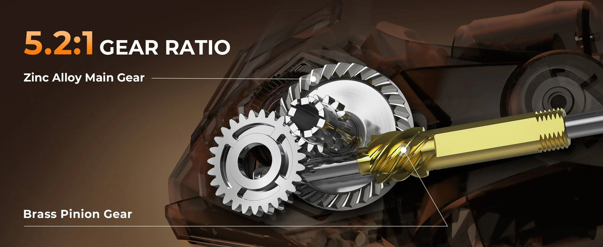 Precision-machined zinc alloy main gear and brass pinion gear deliver dependable strength without excess weight.