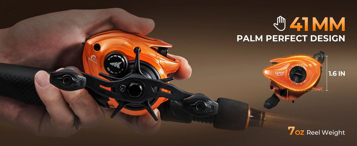 Low-profile Palm Perfect 41mm Bentrod Lethal Blaze Baitcasting Reel.