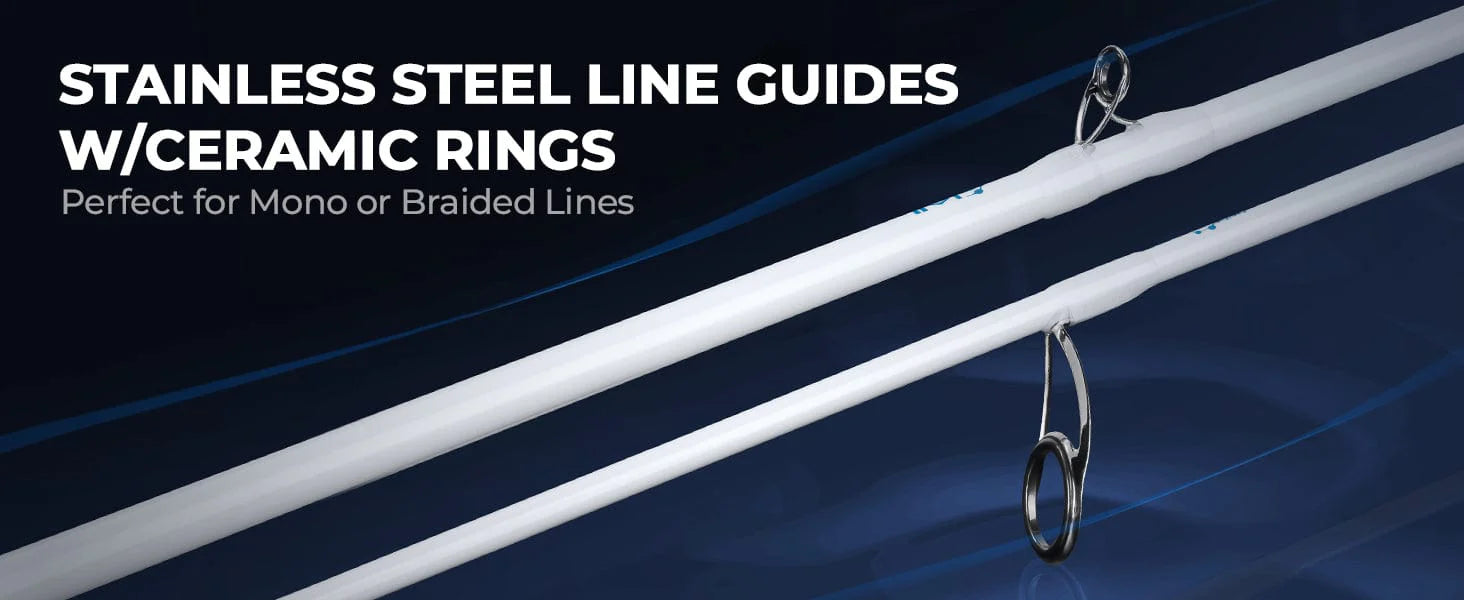 Strong and durable stainless-steel guides are used on all models with premium ceramic rings inserts that perform perfectly with both mono or braided lines.