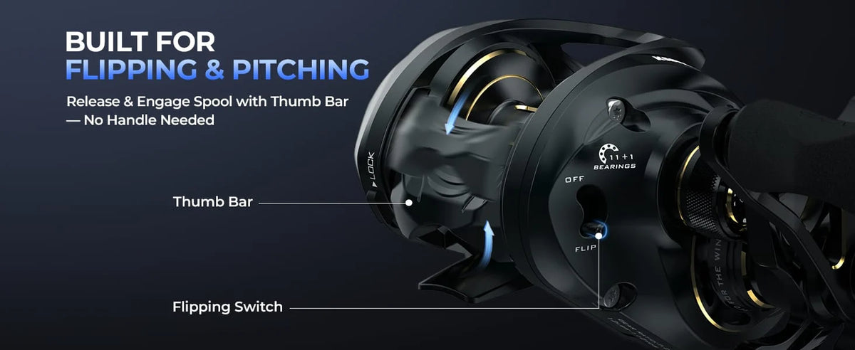 Engage the flipping switch for quick line control—press to release, let go to stop. Ideal for bottom fishing in saltwater or drifting baits in freshwater.