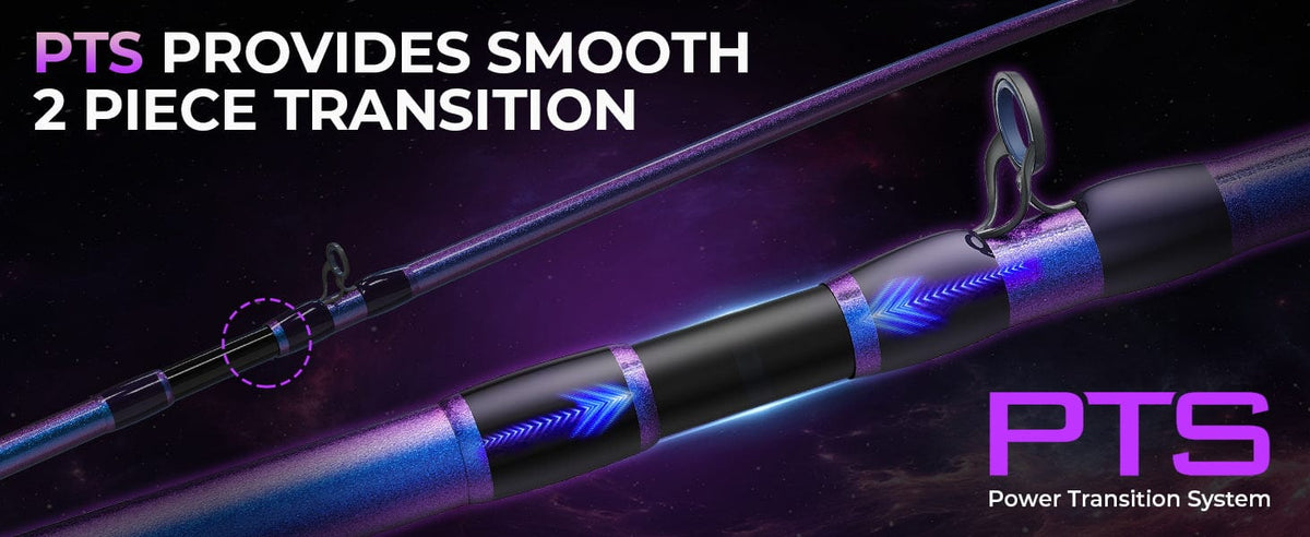 Bentrod PTS (Power Transition System) in our Royale Legend Pro 2-pcs rods transition the power smoothly throughout the fishing rod blank.