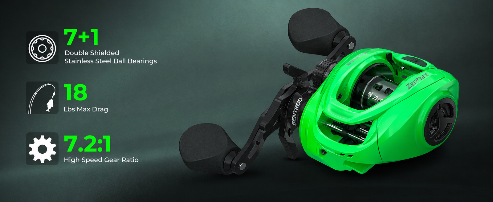 The KastKing Zephyr Baitcasting Reel boasts a 7.2:1 high-speed gear ratio, 7+1 MaxiDur double-shielded stainless steel ball bearings.