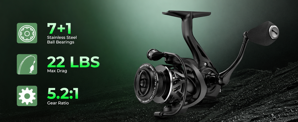 7+1 stainless steel bearings, up to 22 lb carbon drag, and a corrosion-resistant composite frame.