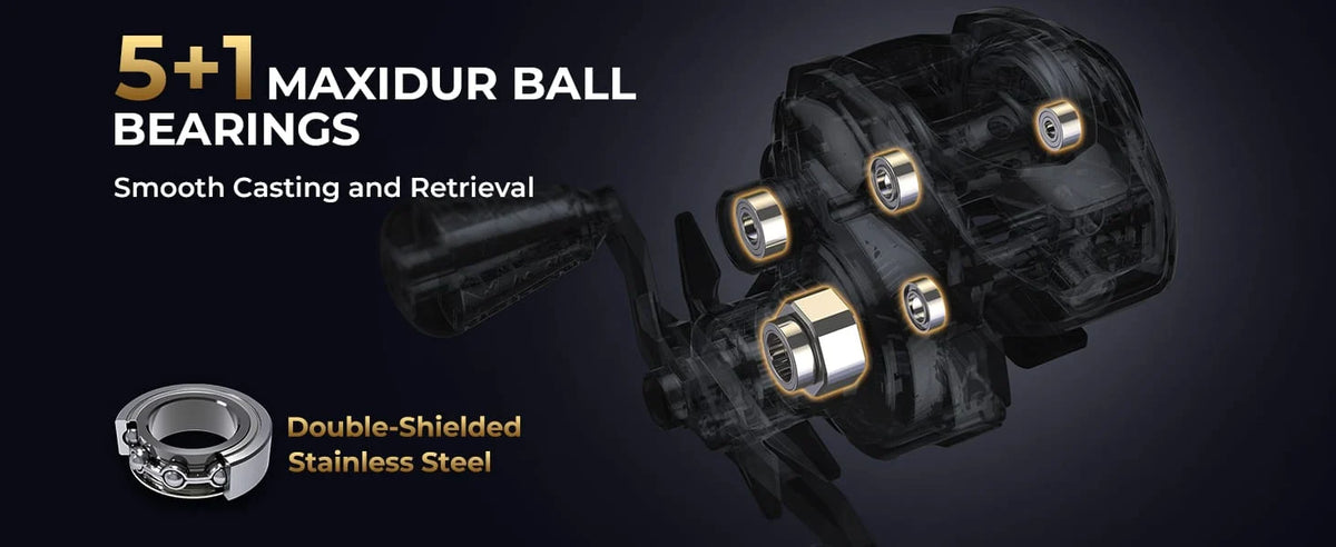 Lightweight 6.9 oz baitcasting reel with a 7.3:1 high-speed gear ratio, 15.5 lbs drag, 5+1 MaxiDur bearings, brass gears, 11-setting magnetic braking, and built-in line indicator for smooth, controlled performance.