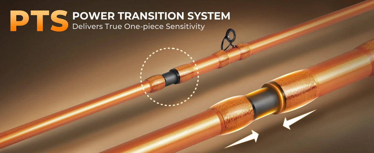 The Power Transition System (PTS) delivers the seamless sensitivity of a one-piece rod with the convenience of a 2-piece design for easy transport.
