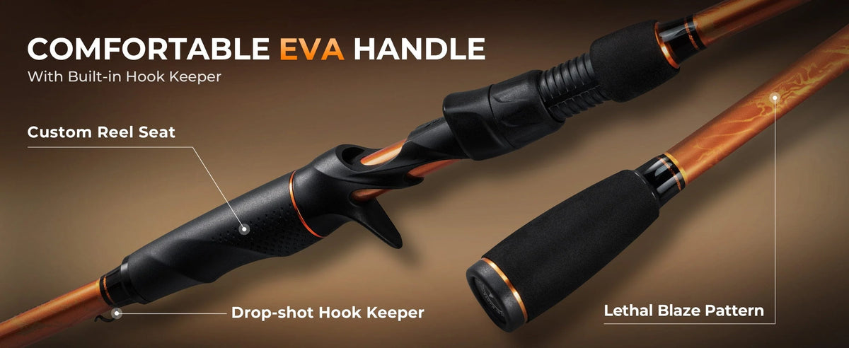 Custom reel seats, EVA handles, and built-in hook keeper ensure a secure and convenient grip, enabling anglers to fish for extended periods without fatigue or interruption.